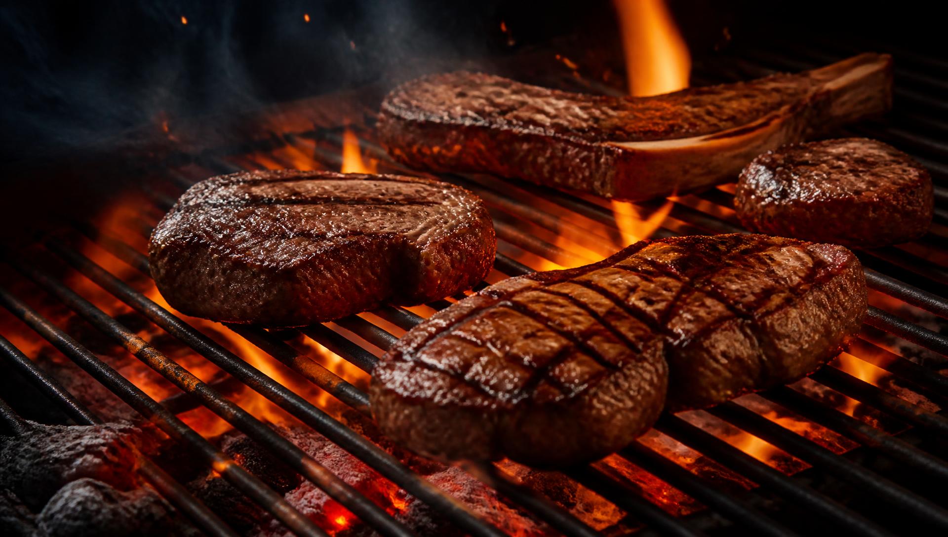 Carne a la parrilla sobre brasas ardientes